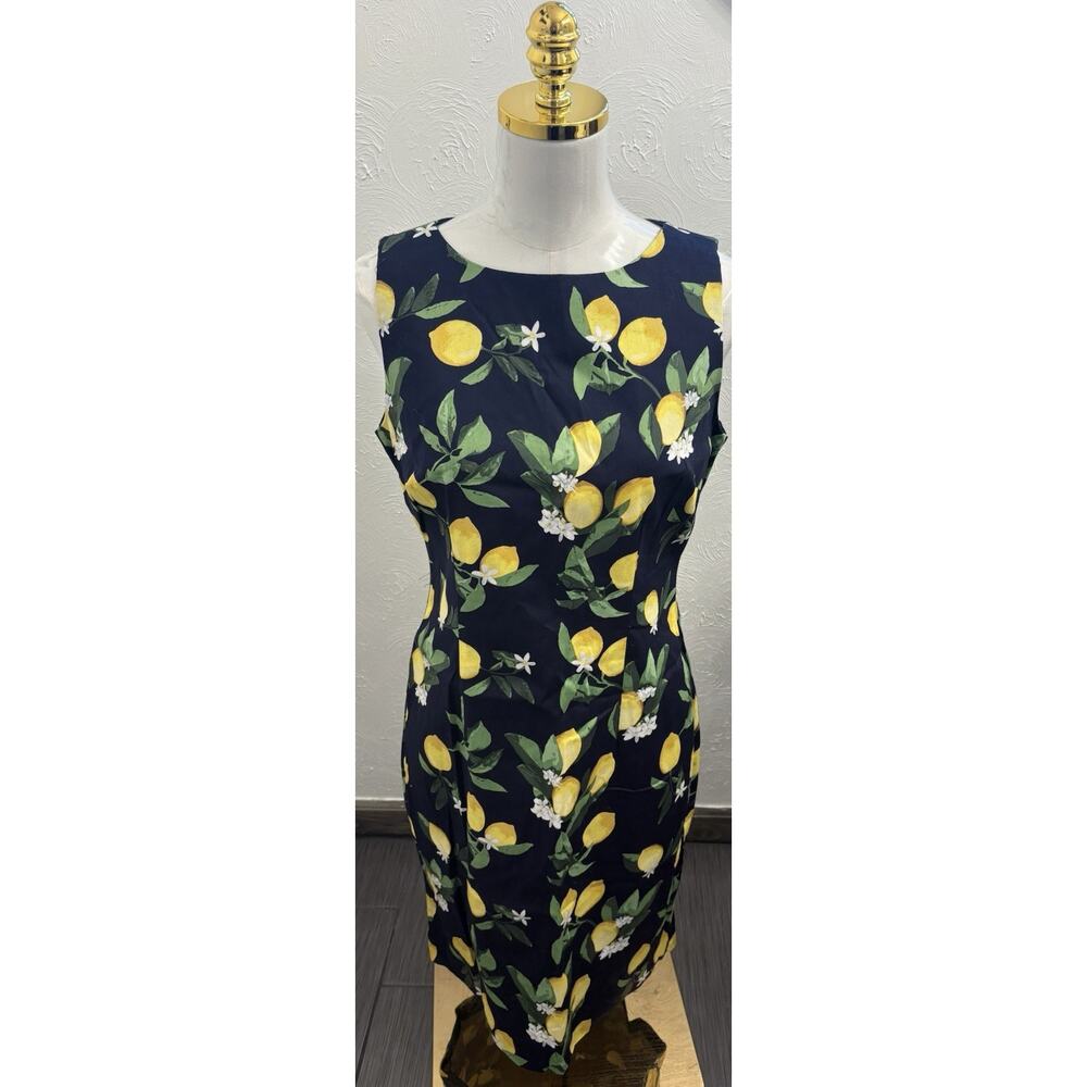 Chetta B Sleeveless Lemon Print D Dress Navy Blue White Blossoms Size 8